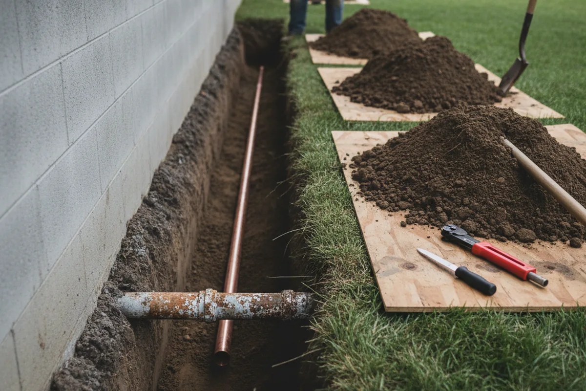 Excavated water line trench during Water Softener Installation in Burbank